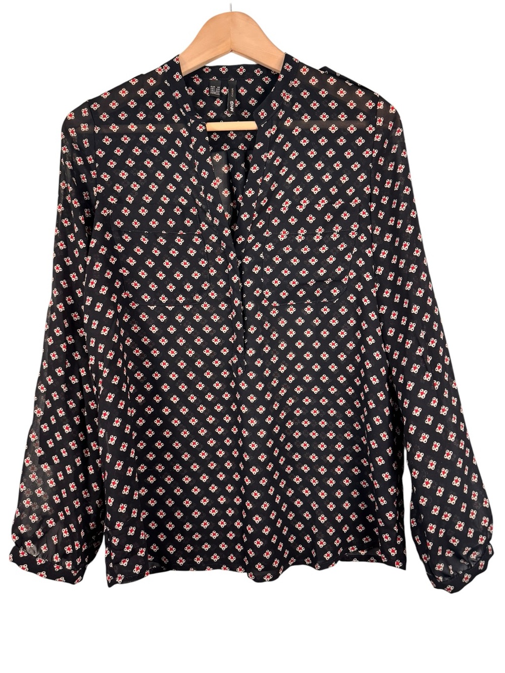 Mango MNG Casuals Sheer Popover Blouse XXS Long Sleeve Sheer Navy Blue Red